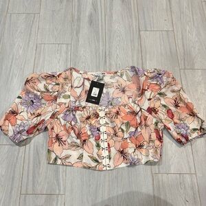 Fashion Nova Floral Puff Sleeve Blouse - Pink and Purple